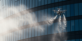 Drone, nettoyant la face d'un building vitré.